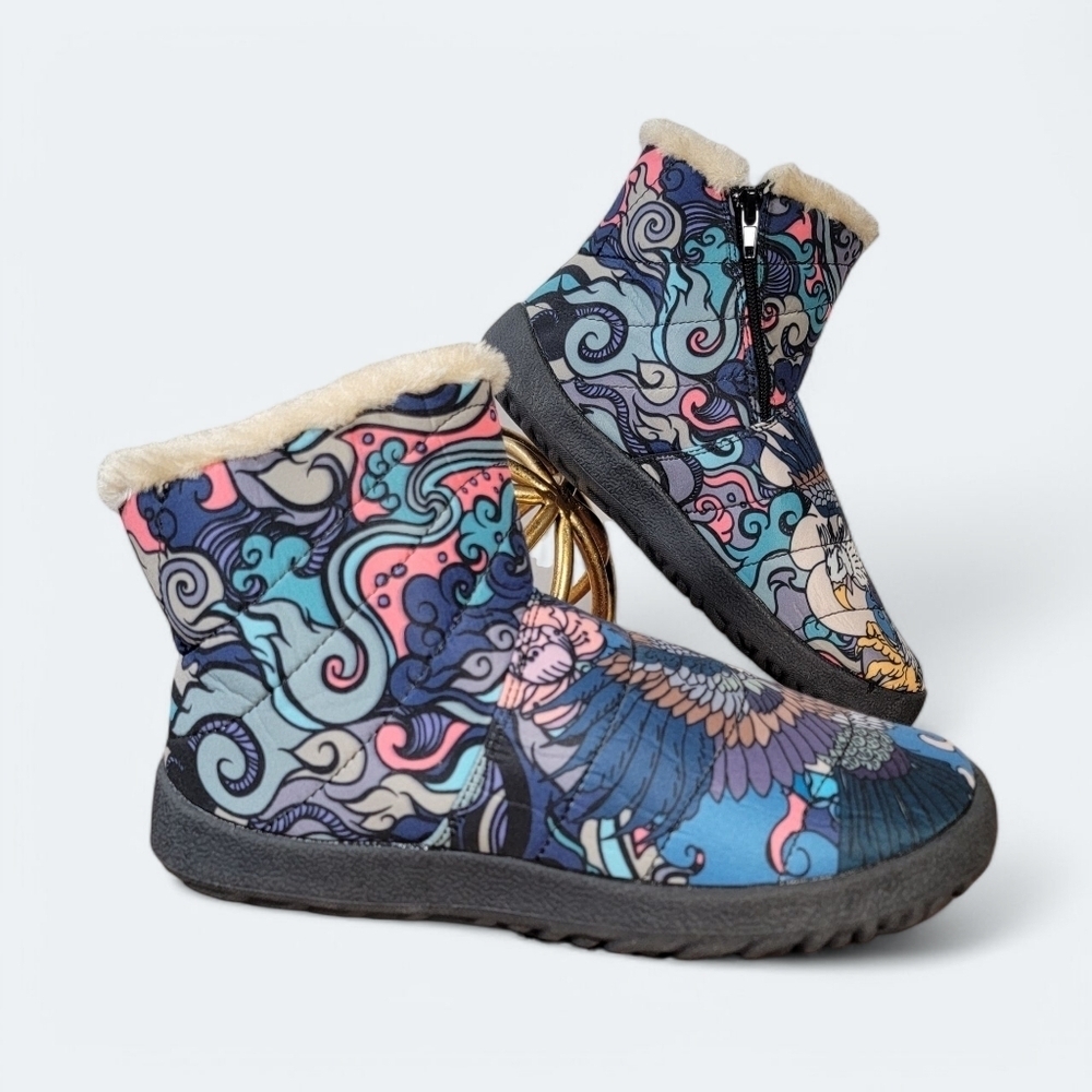 Raad Shop Colorful Japanese Eagle Tattoo Winter Zip Boots Size 7